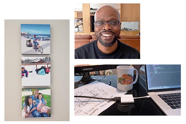 A collage of images of AWS employee Odi with photos of his children and workspace.